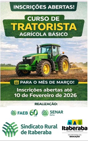 Inscrições abertas para cursos de tratorista e retroescavadeira em Itaberaba